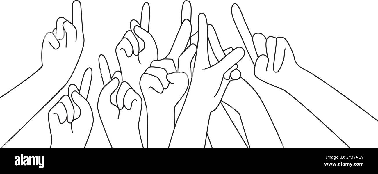 Molte mani sollevate contro il vettore della linea del tratto del cielo. Illustrazione Vettoriale