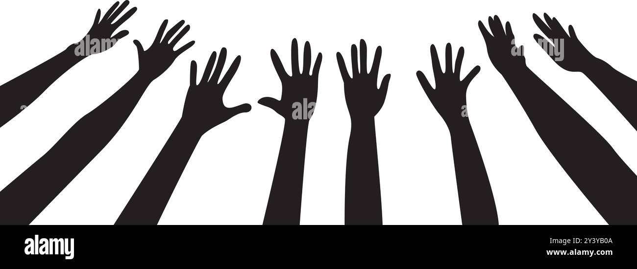 Molte mani alzate contro il cielo. Amicizia, lavoro di squadra concetto di icona piatta, vettore. Illustrazione Vettoriale