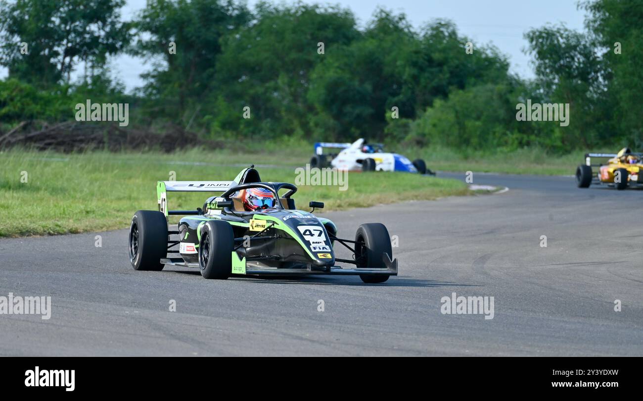 Chennai, INDIA. 15 settembre 2024. Aquil Alibhai di Hyderabad Black Birds si è classificato 1° nella gara 4 del terzo round del Campionato indiano F4 a Chennai, INDIA. Crediti: Ranjith Kumar/Alamy Live News. Foto Stock