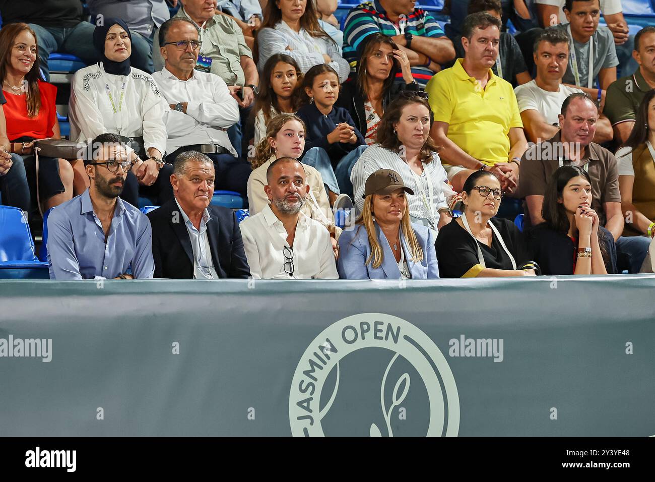 14 settembre 2024, Monastir, Monastir, Tunisia: U.a. Malek Ouni della Tunisia - Announcer del torneo, Salma Mouelhi Guizani della Tunisia - Presidente della Federazione tunisina di tennis, Mossaab Battikh della Tunisia - Presidente Direttore generale degli hotel magici, Chiheb Belhaj Youssef della Tunisia - Direttore del torneo, Yazid Sallaouti della Tunisia - Presidente Direttore generale di Lloyd Assurances durante il 2024 Jasmin Open TAthiz - Wir - Photo: Non per USO commerciale! Foto Stock