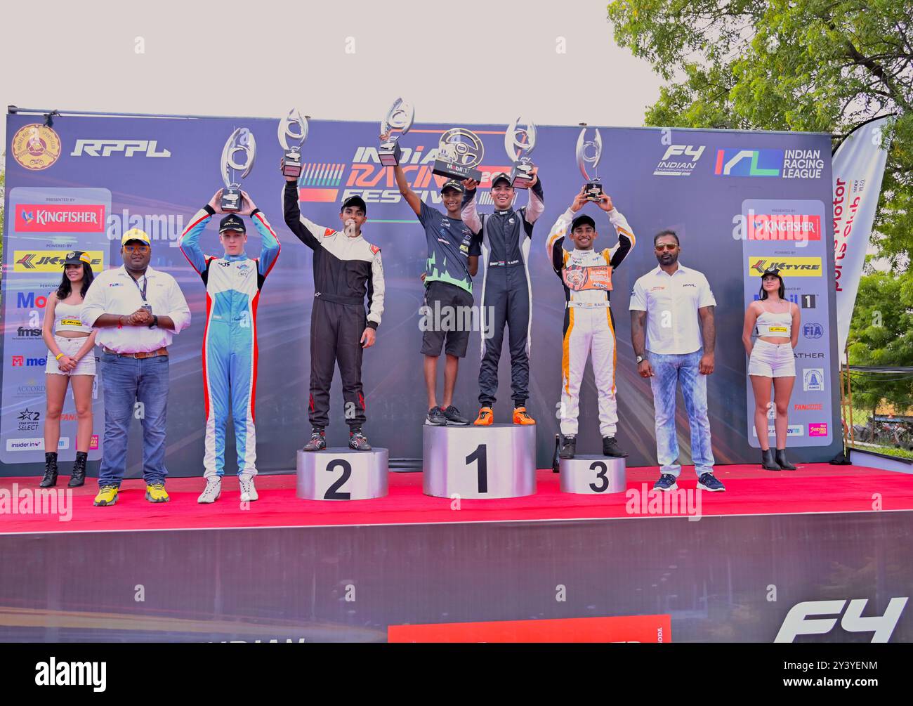 Chennai, INDIA. 15 settembre 2024. Aquil Alibhai di Hyderabad Black Birds celebra la sua vittoria nella gara 4 del round 3 del Campionato indiano F4 a Chennai, INDIA. Crediti: Ranjith Kumar/Alamy Live News. Foto Stock