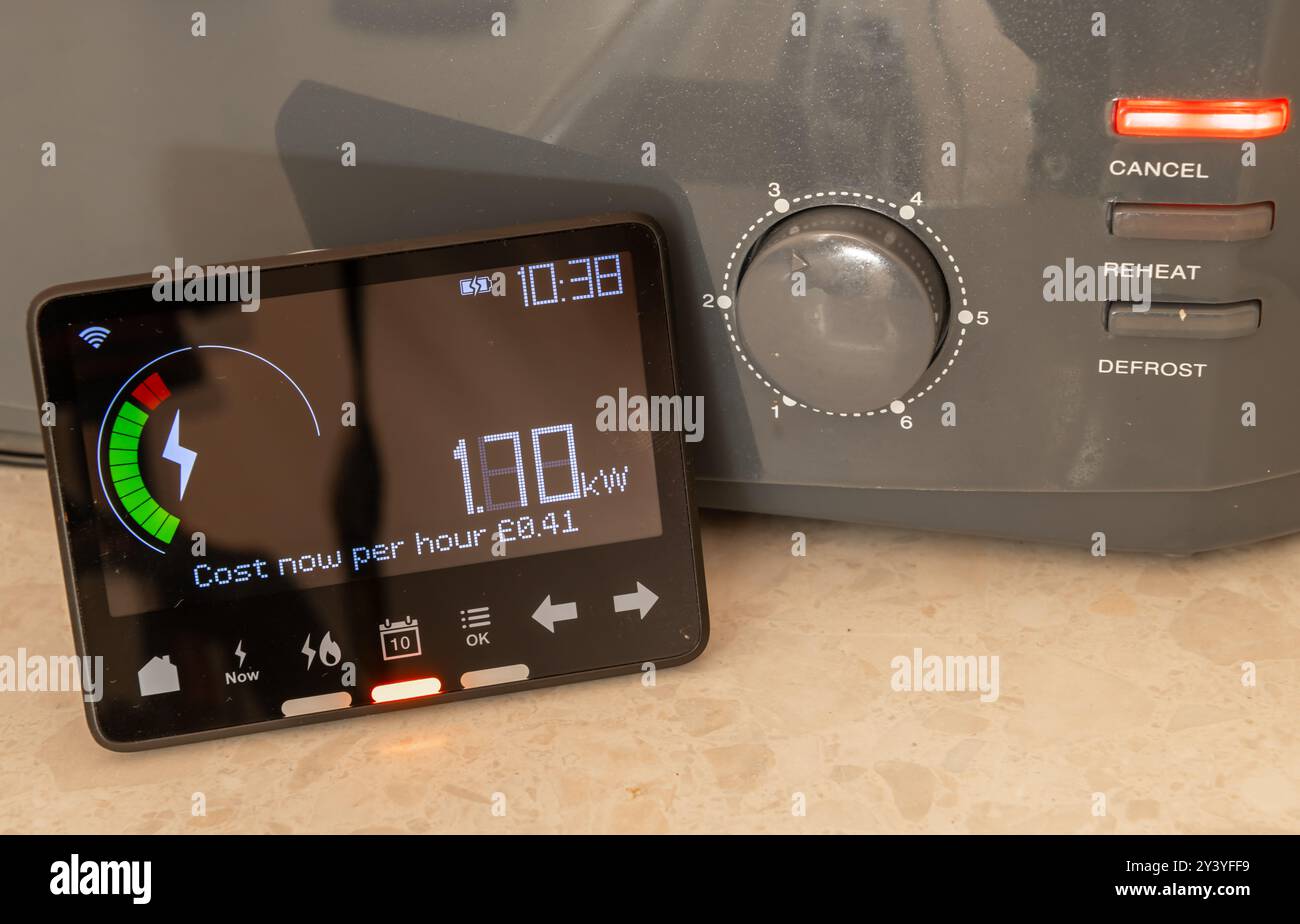 Un concetto di costo energetico con un contatore intelligente accanto a un tostapane per l'utilizzo dell'energia. Foto Stock