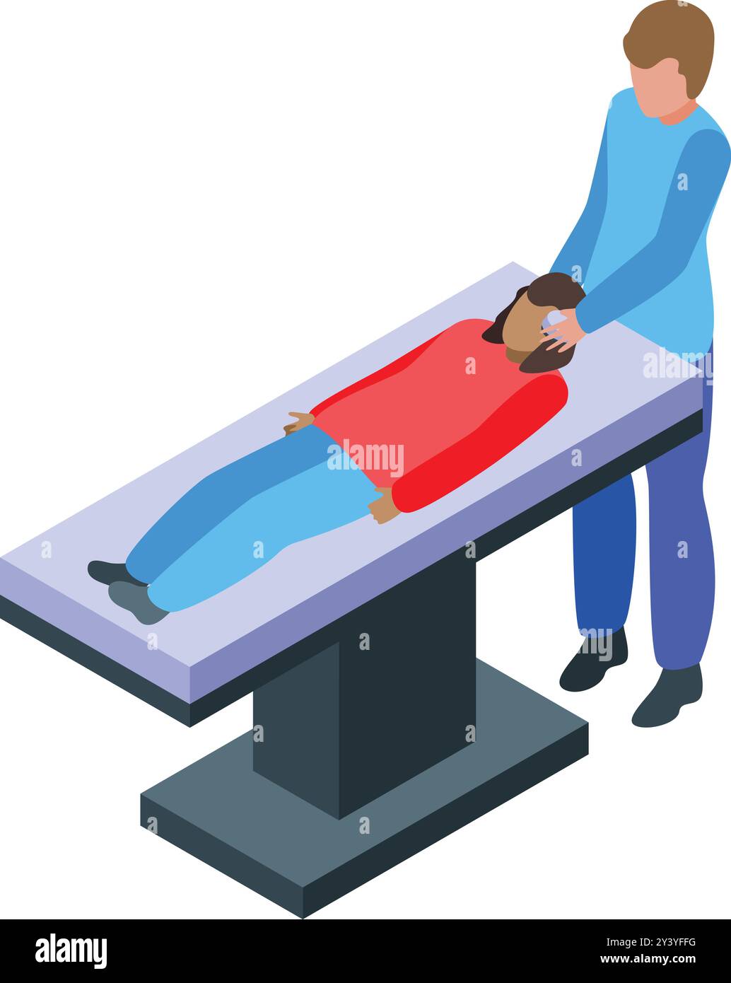 Medico isometrico che esamina il paziente sdraiato sul letto medico in ospedale Illustrazione Vettoriale