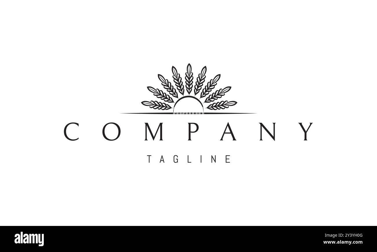 Logo vettoriale con un'immagine astratta del sole dove ci sono orecchie di grano invece di raggi. Illustrazione Vettoriale