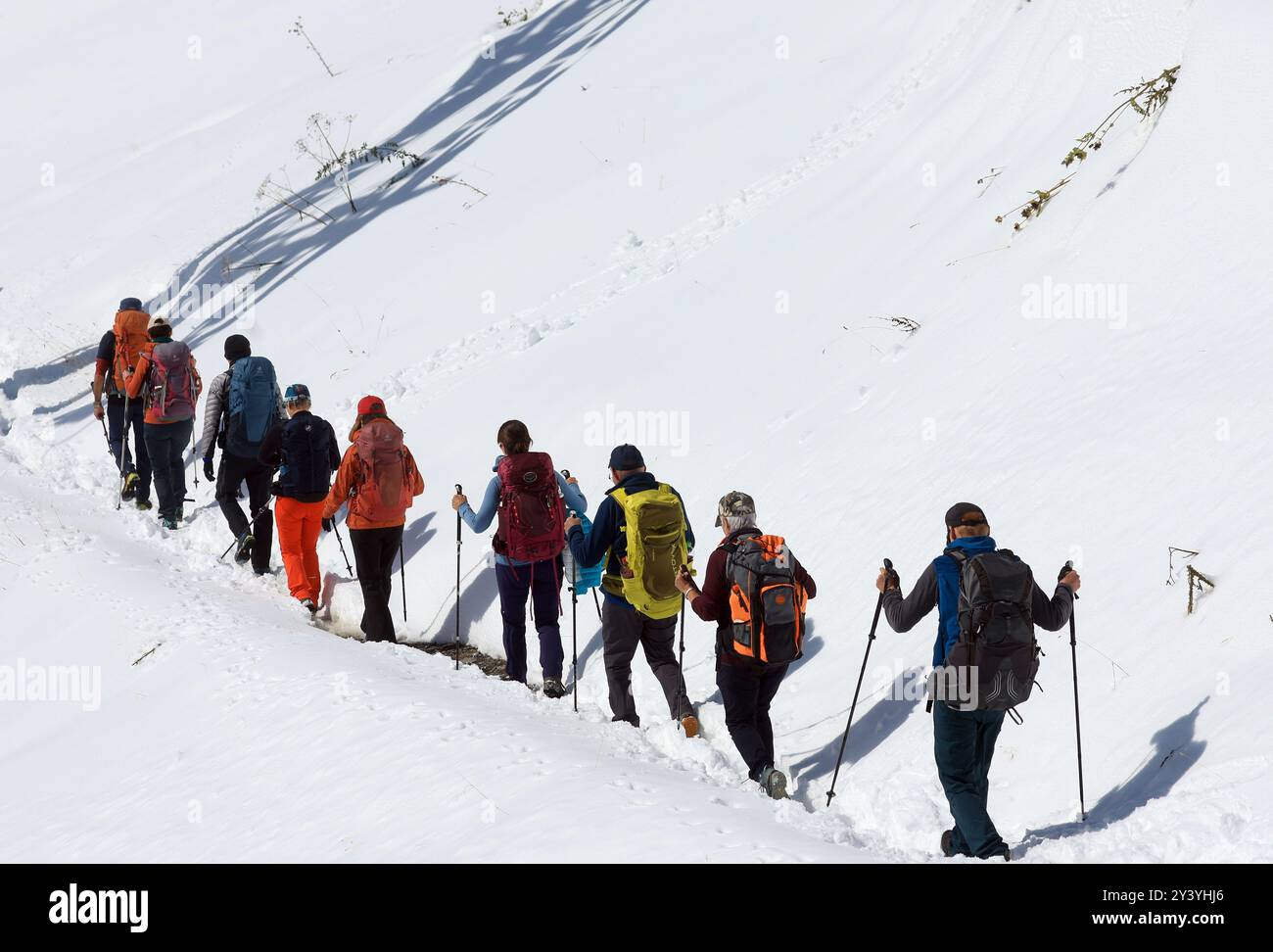 Oberstdorf, Germania. 15 settembre 2024. Un gruppo escursionistico cammina attraverso il paesaggio innevato della stazione centrale di Fellhorn, a 1780 metri sul livello del mare. Ha nevicato insolitamente pesantemente per il periodo dell'anno nelle Alpi bavaresi. Crediti: Karl-Josef Hildenbrand/dpa/Alamy Live News Foto Stock