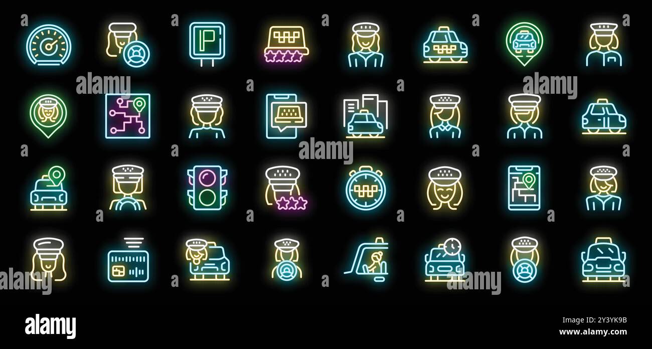 Set di icone di lavoro del tassista donna. Contorno delle icone vettoriali di lavoro del tassista donna colore neon su sfondo nero Illustrazione Vettoriale