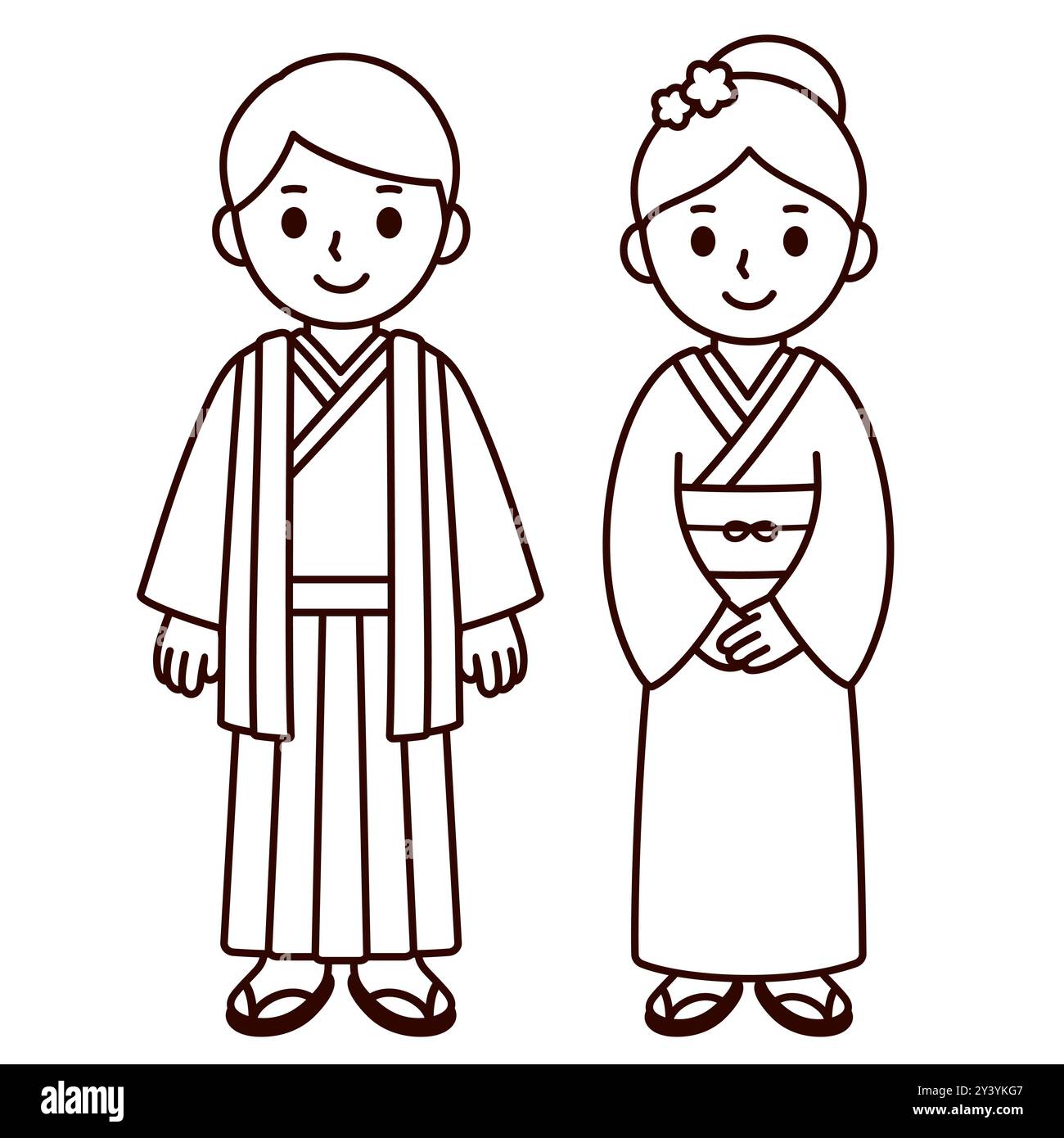 Una coppia di ragazzi e ragazze in costume nazionale del Giappone. Bambini cartoni animati in kimono tradizionale giapponese. Disegni a linee in bianco e nero per la colorazione. Vettore Illustrazione Vettoriale