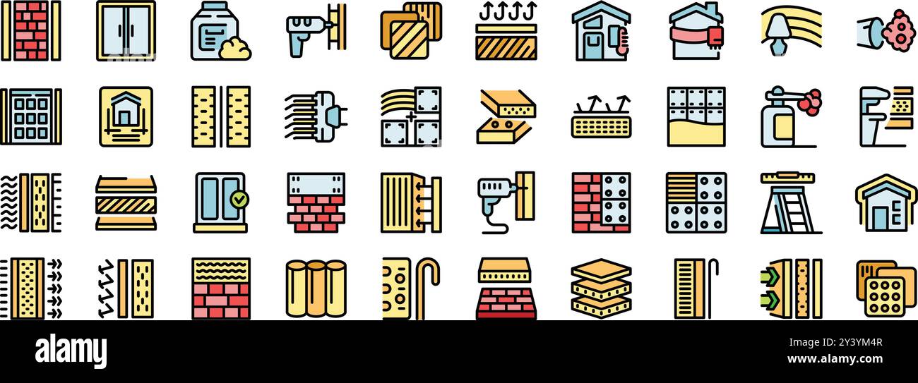 I lavoratori edili isolano la facciata di una casa, utilizzando vari materiali isolanti per migliorare l'efficienza energetica, ridurre il consumo energetico e ridurre i costi di riscaldamento Illustrazione Vettoriale