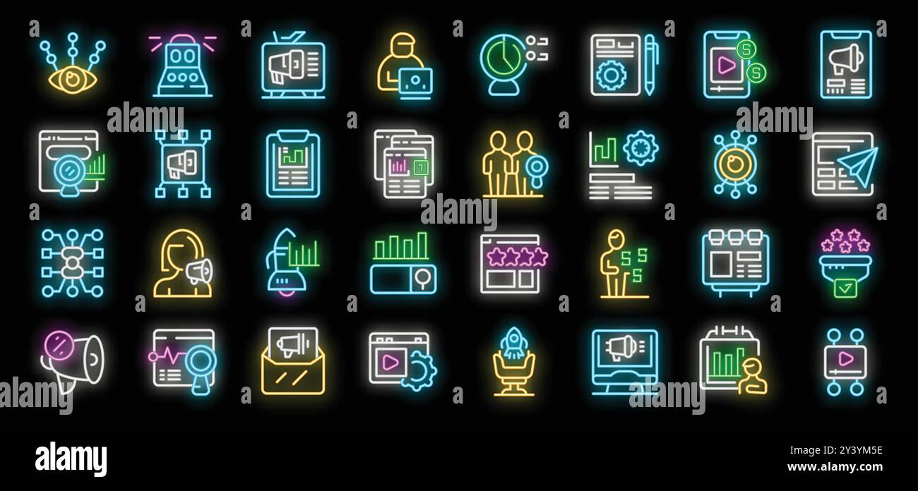 Vivace set di icone al neon che rappresentano vari aspetti del marketing digitale, dalla strategia e l'analisi, alla creazione di contenuti e al coinvolgimento dei social media Illustrazione Vettoriale