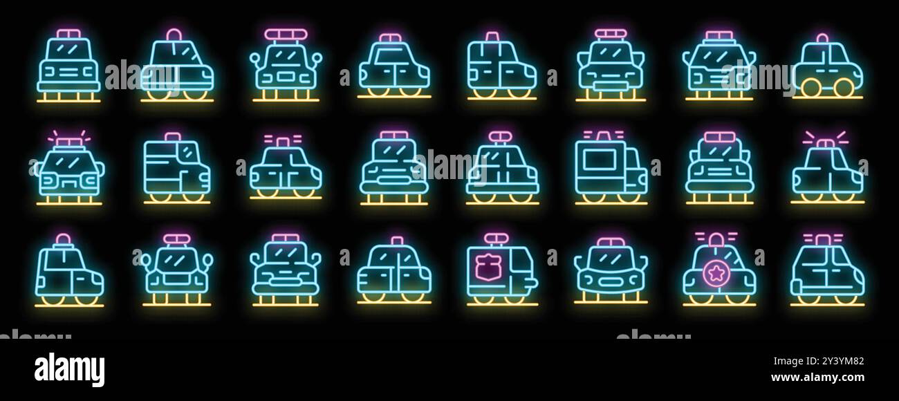 Questa serie di icone luminose al neon mostra varie auto della polizia, che rappresentano le forze dell'ordine e la sicurezza Illustrazione Vettoriale