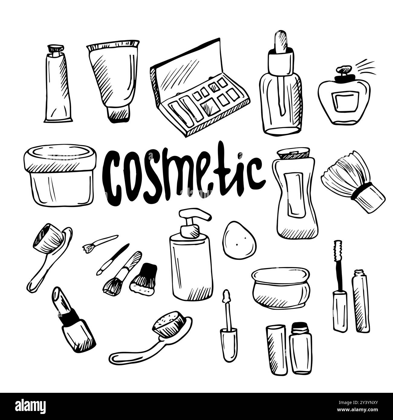 Set di pacchi cosmetici Doodle. Collezione di schizzi di prodotti di bellezza donna. Panna, lozione, shampoo, bastoncino per labbra, ciglia per gli occhi, bottiglie e spazzole. Faccia e corpo c Illustrazione Vettoriale