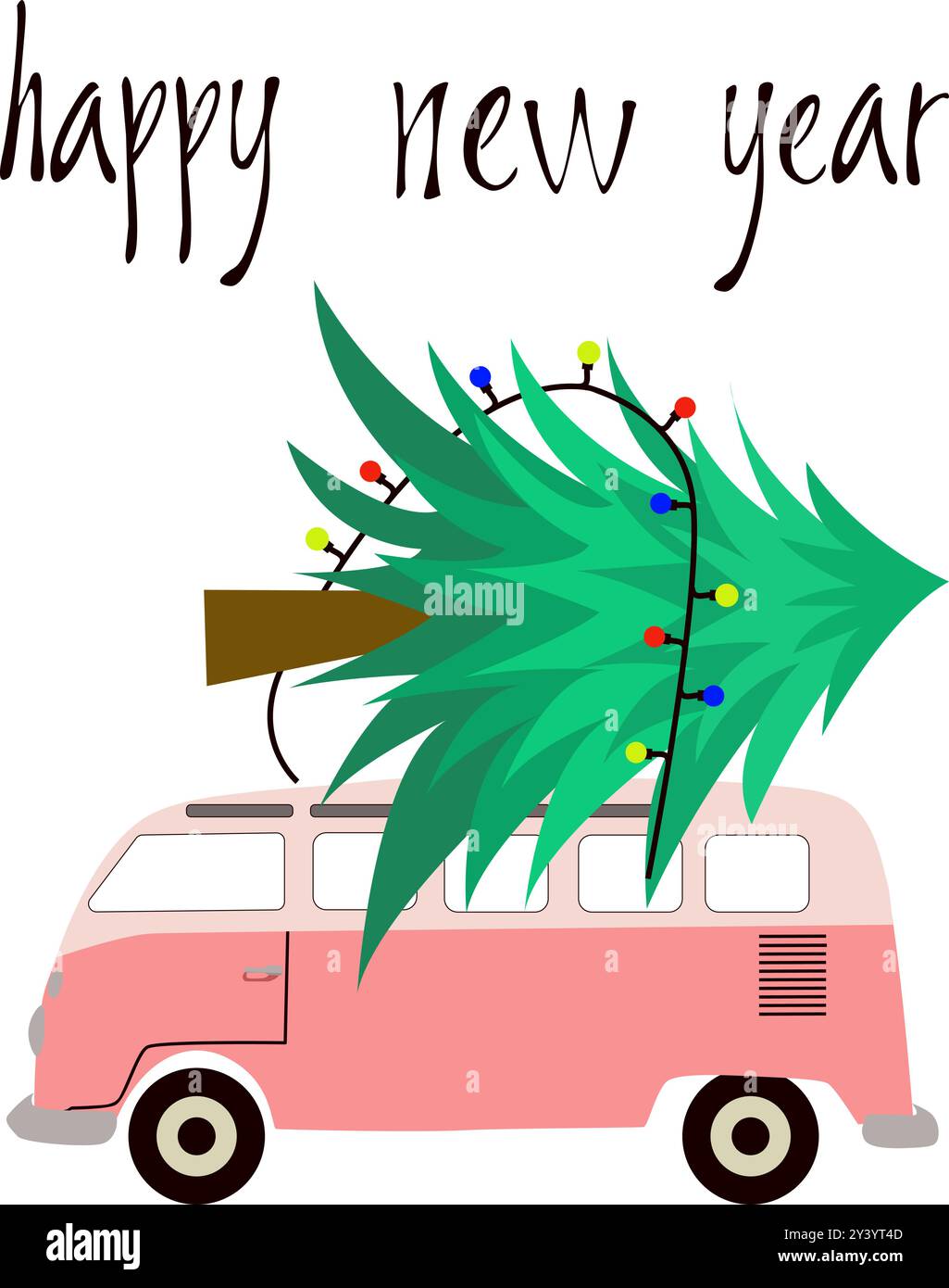 Autobus con un albero di Natale con garland sul tetto. Perfetto per biglietti d'auguri natalizi, decorazioni per feste, cartellini regalo e artigianato stagionale. Illustrazione Vettoriale