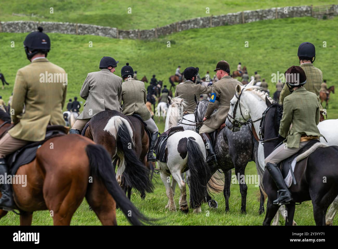 Hawick, Scottish Borders, Scozia, Regno Unito. 7 giugno 2024. Hawick Common Riding raggiunge il culmine mentre i cavalli cavalcano le marce (confini) del surrou di terra comune Foto Stock