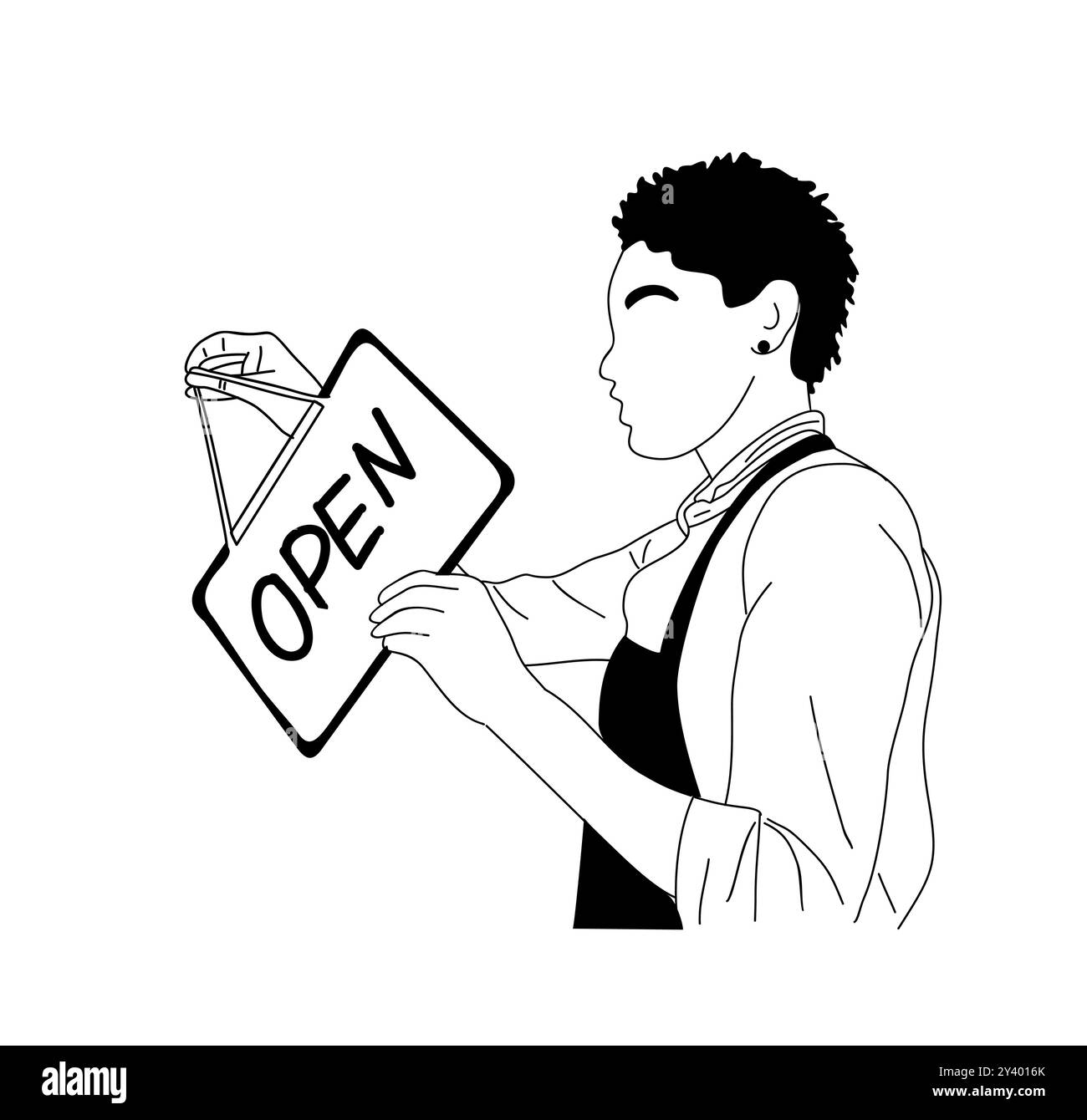 Donna nera, proprietaria di una piccola impresa con Sign Open Illustrazione Vettoriale
