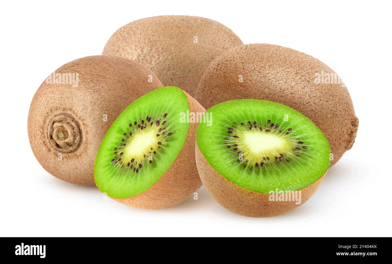 Kiwi interi e tagliati isolati su sfondo bianco Foto Stock