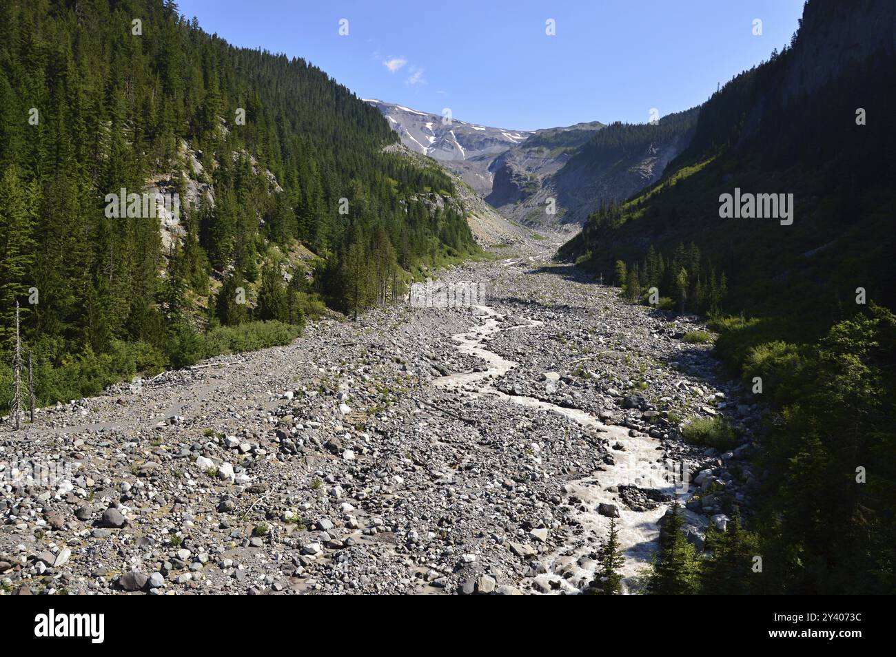Ghiacciaio e fiume Nisqually nel Mount Rainier National Park, Washington, Stati Uniti. Nisqually Glacier and Raft nel Mount Rainier National Park, Washington, Stati Uniti Foto Stock