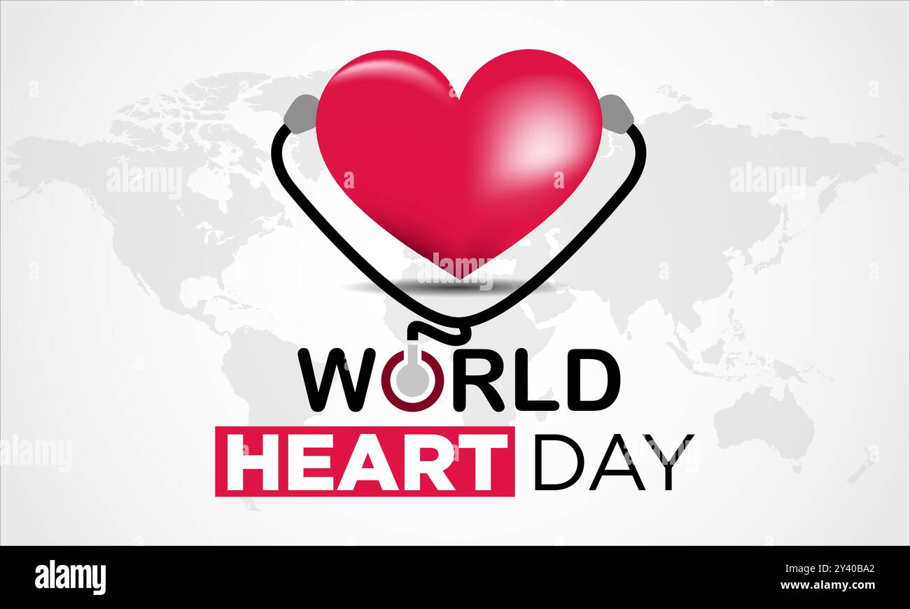 Design World Heart Day con stetoscopio, forma del cuore e mappa del mondo Illustrazione Vettoriale