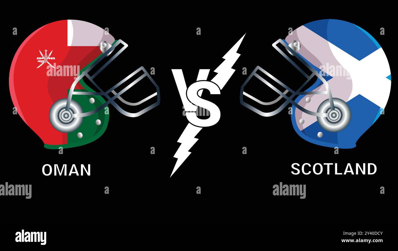Oman vs Scozia: Illustrazione 3D di caschi e bandiere da cricket Illustrazione Vettoriale