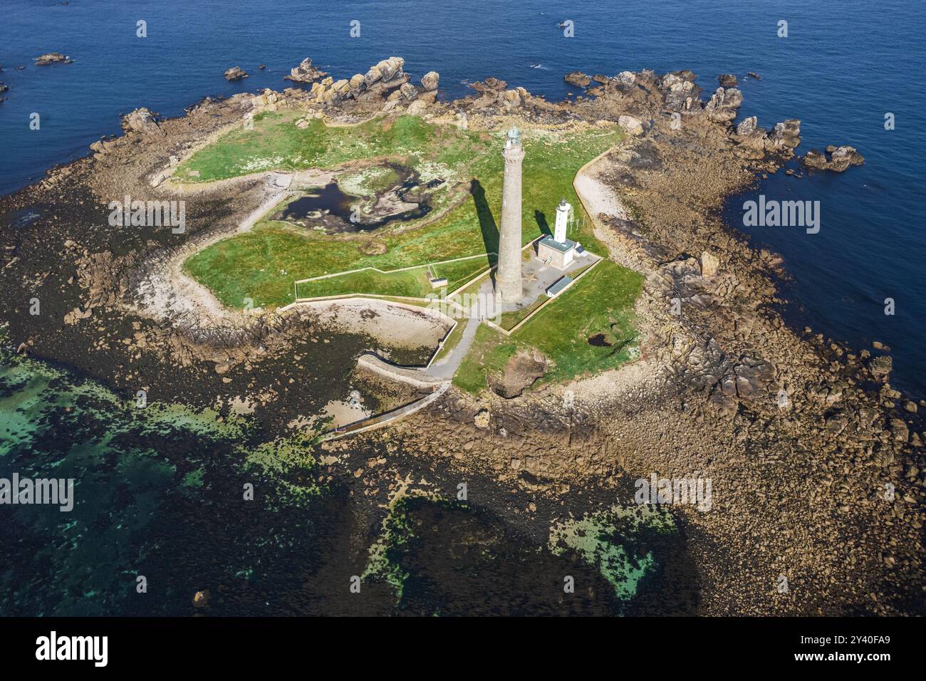 Vista aerea del Phare de l'île Vierge, faro in Bretagna, Francia Foto Stock