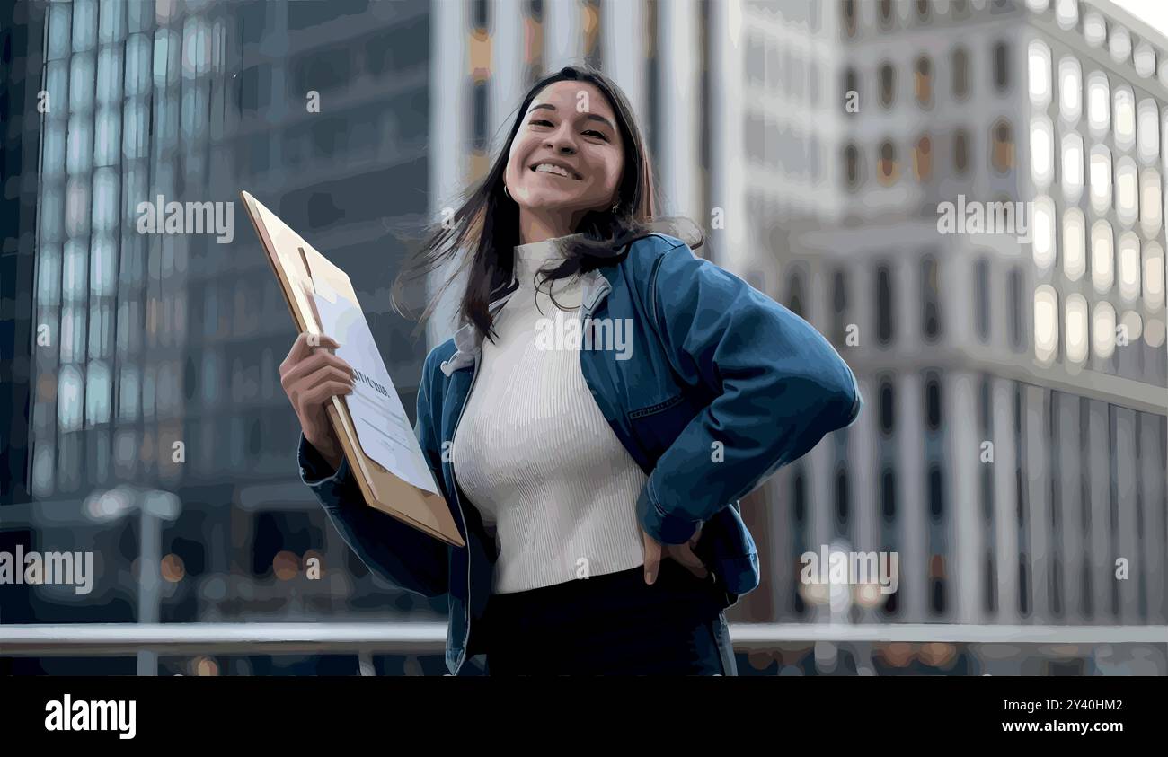 Una giovane donna si trova davanti a un paesaggio urbano, con un premio. Un'illuminazione discreta mette in risalto la sua gioia e il suo orgoglio mentre abbraccia il suo primo successo professionale. Illustrazione Vettoriale