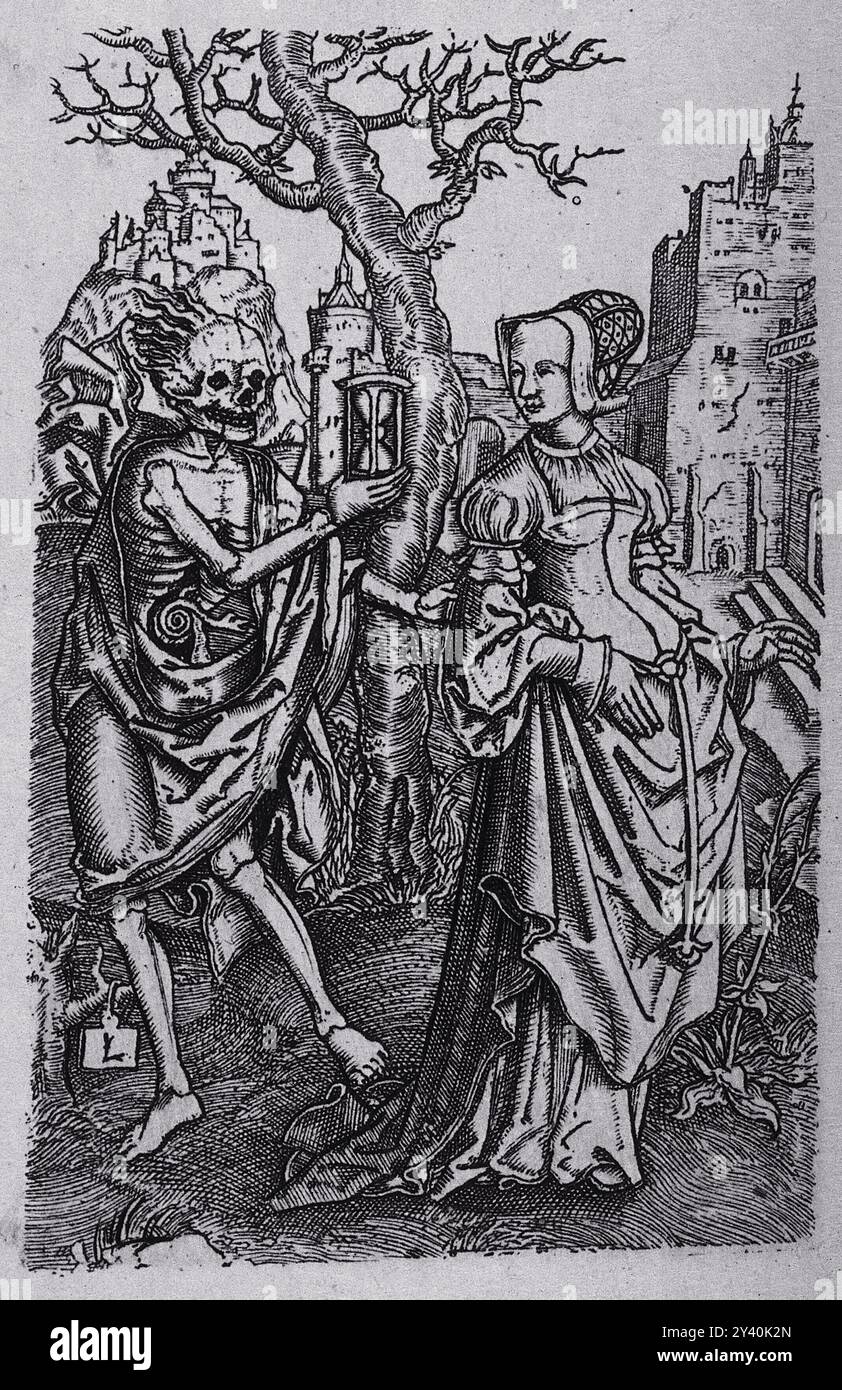 Una figura scheletrica regge una lanterna, estendendola verso una donna vestita in abiti medievali in un paesaggio surreale. I castelli si stagliano sullo sfondo sotto un cielo fibroso. Foto Stock