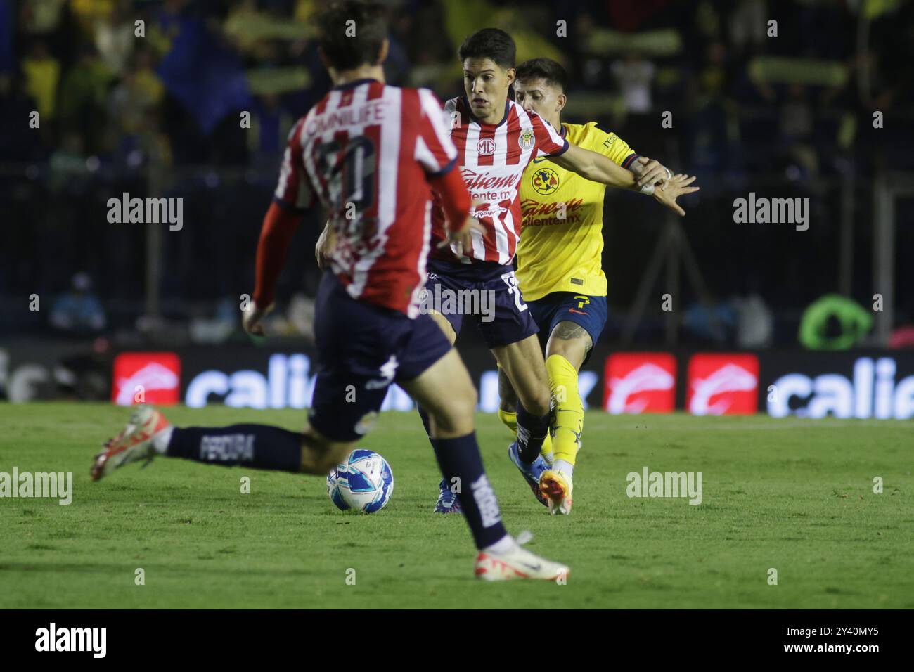 Città del Messico, Messico. 14 settembre 2024. José Castillo Pérez n. 21 del Chivas de Guadalajara guida il pallone in avanti durante la partita del 17° turno del Torneo de apertura come parte della Liga MX tra Chivas de Guadalajara e America all'Estadio Ciudad de los Deportes. Punteggio finale America 1-0 Chivas. Il 14 settembre 2024 a città del Messico, Messico. (Foto di Ismael Rosas/ Eyepix Group/Sipa USA) credito: SIPA USA/Alamy Live News Foto Stock