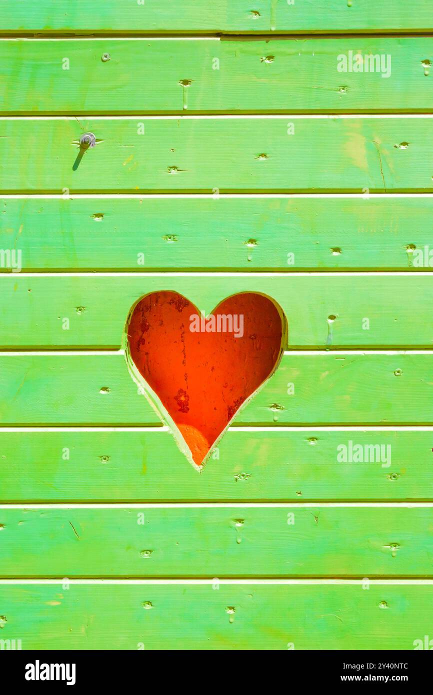 cuore rosso tagliato sul lato di una capanna in legno verde chiaro Foto Stock