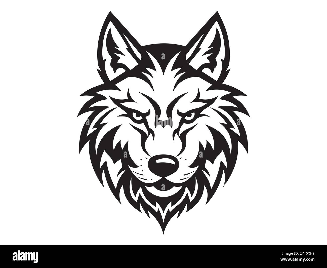 Silhouette in bianco e nero di una testa di lupo. Concetto di illustrazione della fauna selvatica, animale maestoso, cane selvatico, design minimalista. Stampa, icona, Logo. Illustrazione Vettoriale