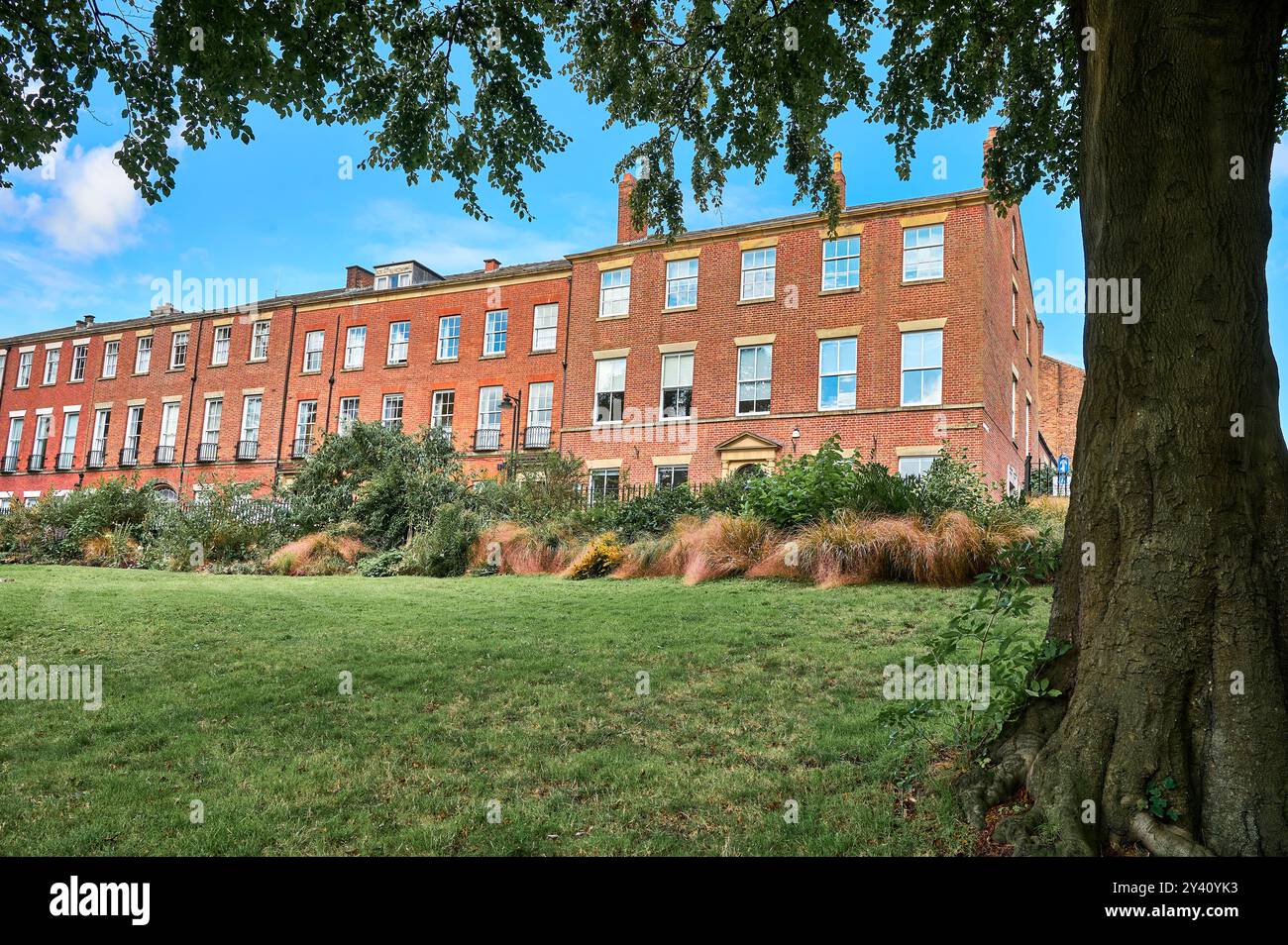 Fila di case georgiane a Winckley Square, Preston, viste dal parco Foto Stock