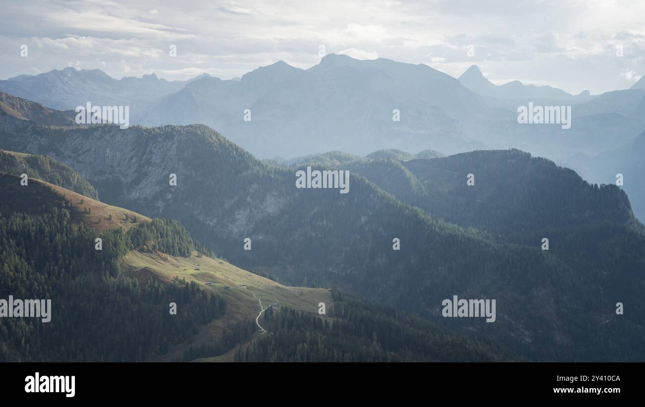 Paesaggio alpino autunnale con foresta in primo piano e massicce cime rocciose sullo sfondo, Germania Foto Stock