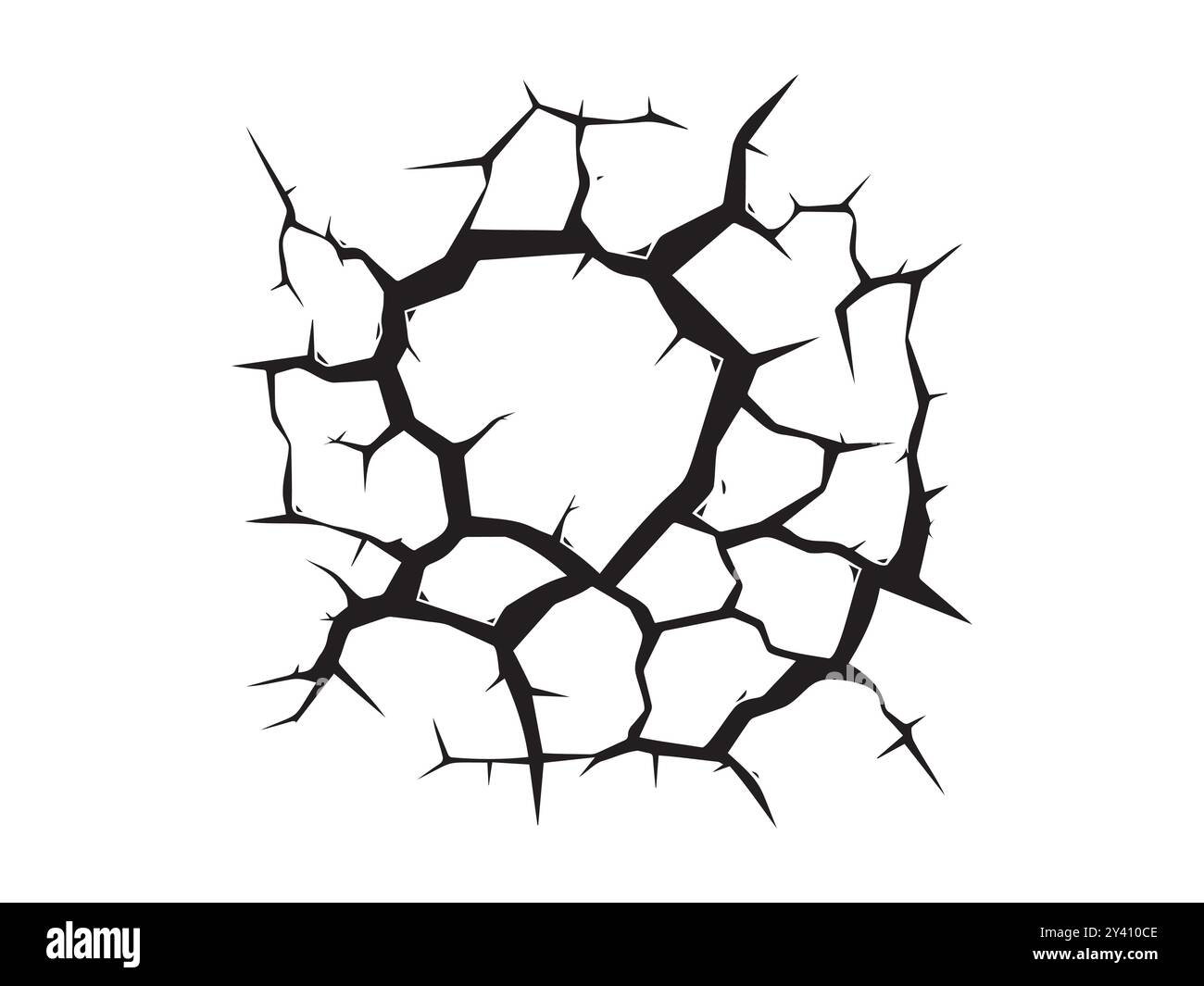 Silhouette nera di terra incrinata isolata su sfondo bianco. Concetto di illustrazione della siccità, terreno rotto, problemi ambientali, disordine naturale Illustrazione Vettoriale