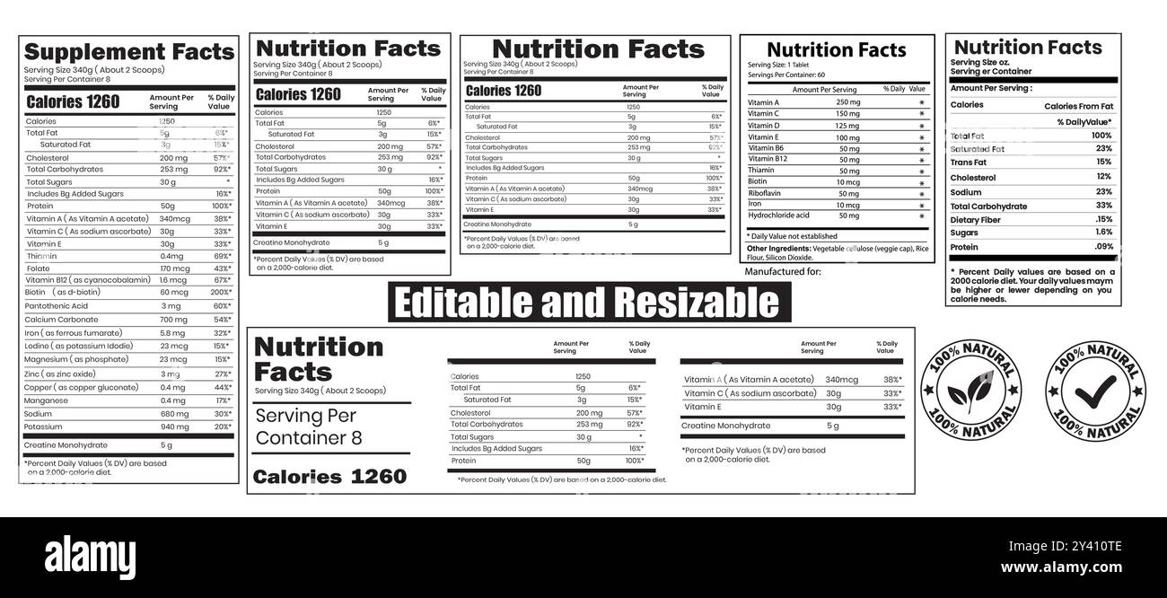 Etichetta dei dati nutrizionali. Modello di dati nutrizionali, dati integrativi. Tabella dati ingredienti calorie, grassi, zucchero. Modello pacchetto. Illustrazione Vettoriale