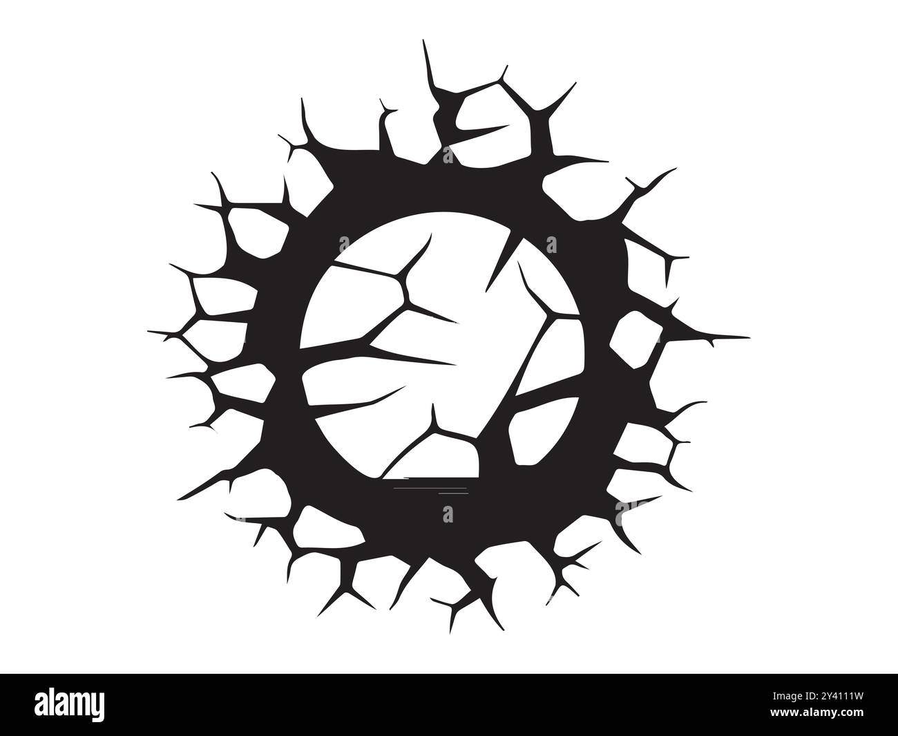 Silhouette nera di una crepa isolata su sfondo bianco. Concetto di illustrazione del danno, superficie rotta, bordi frastagliati, elemento di progettazione per la stampa di Illustrazione Vettoriale