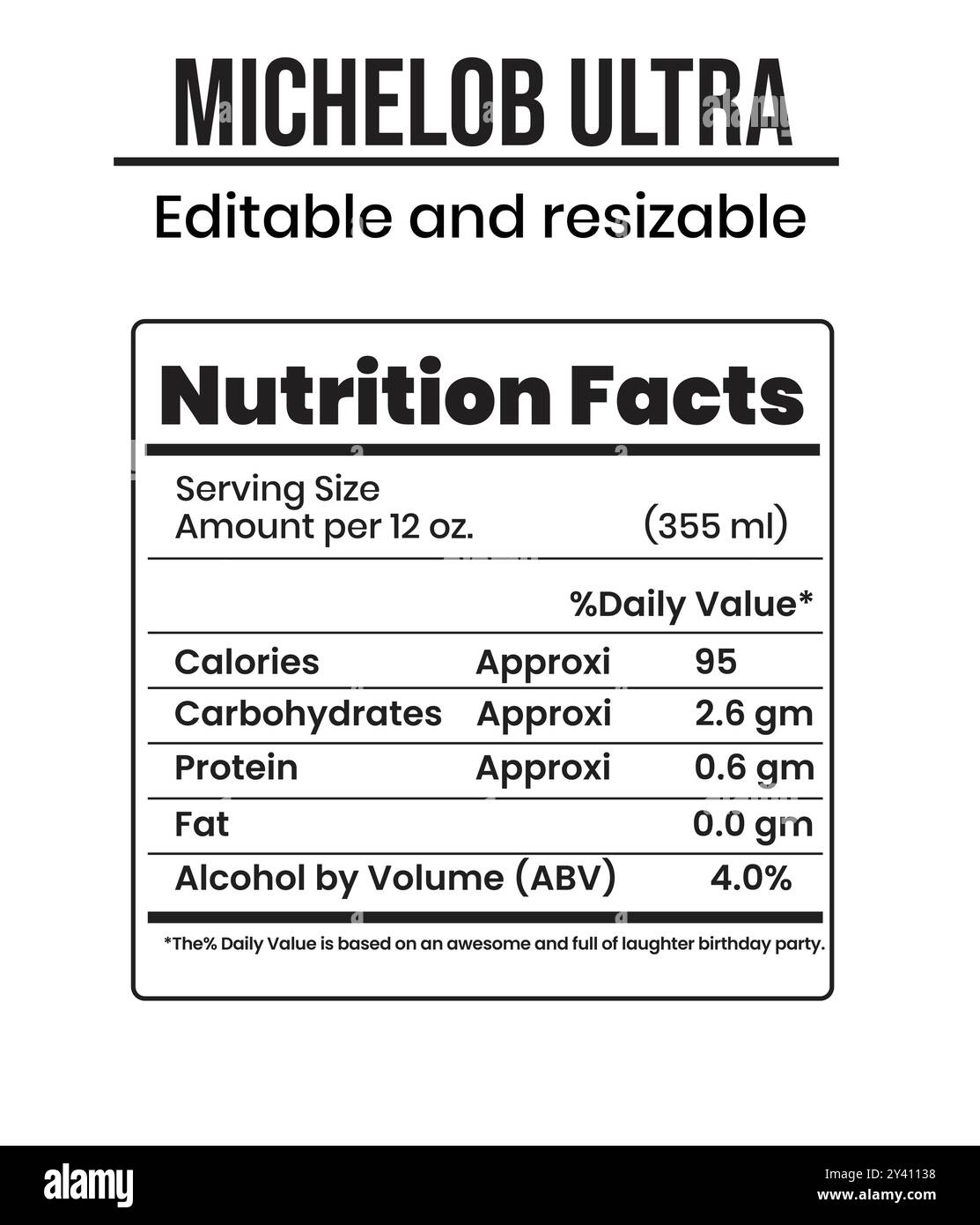 Modello Michelob Ultra Nutrition Facts , dati integrativi, dati sulla vitamina Illustrazione Vettoriale