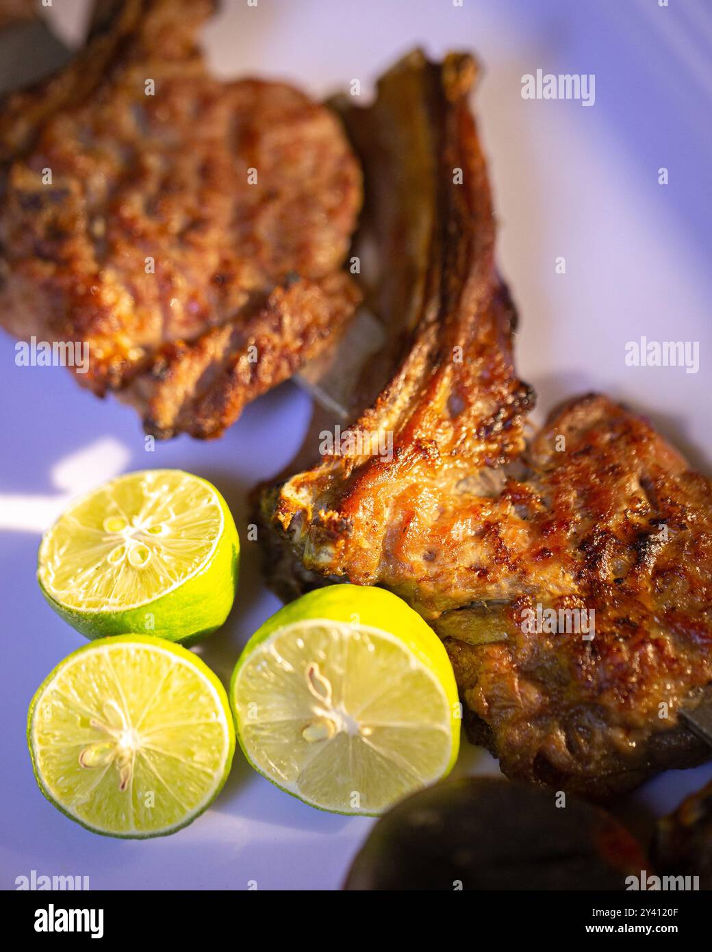 Un pasto completo con spiedini di agnello grigliati, insalata fresca, sottaceti e riso per una festa abbondante. Foto Stock