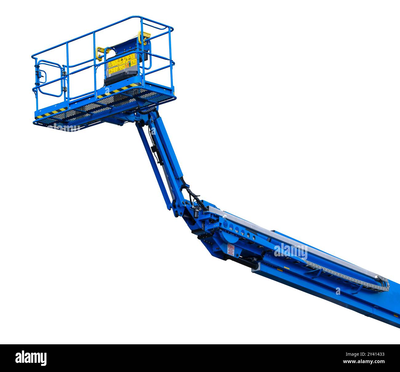 Piattaforma di lavoro del braccio antenna blu isolata (o raccoglitrice di ciliegie, sollevamento del braccio articolato o gru a benna telescopica) Foto Stock