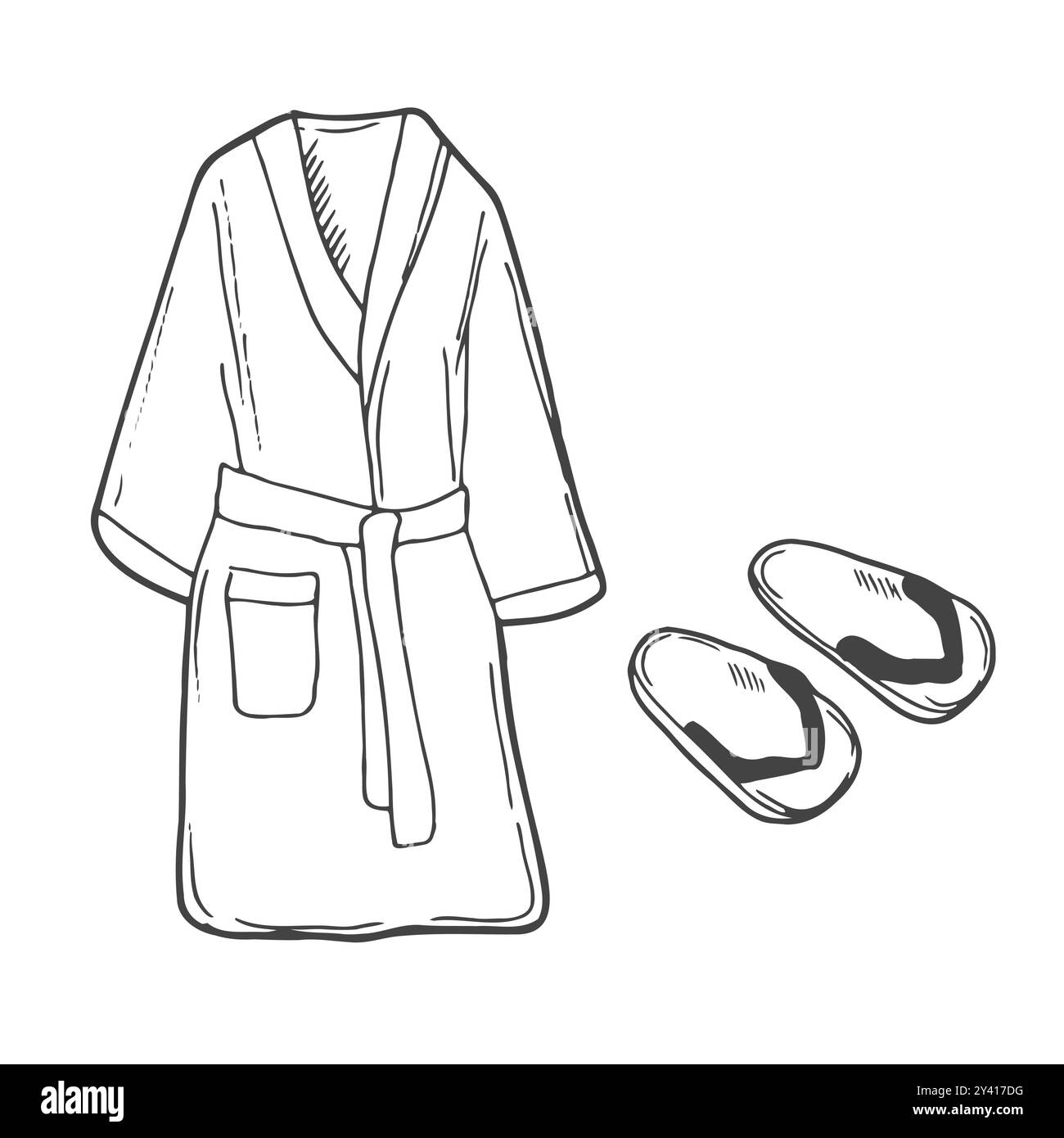 Accappatoio per doccia e pantofole, accappatoio, stile doodle, illustrazione di schizzi, vettore disegnato a mano Illustrazione Vettoriale