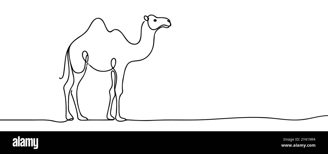 Disegno della linea continua del cammello. Una linea di cammello arabo. Cammello in Arabia Continuous Line Art Contorno modificabile Illustrazione Vettoriale