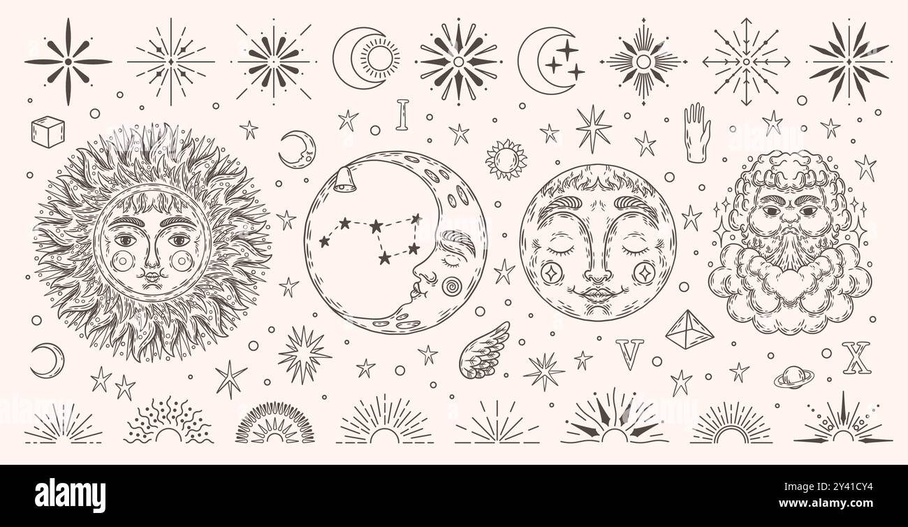 Sole e luna d'epoca. Stella celeste e simpatica galassia grafica, icona del vento, astronomia d'epoca sognano su un invito al mistero decorativo. Stile boho. Set di elementi mistici neri con linea isolata grafica vettoriale Illustrazione Vettoriale