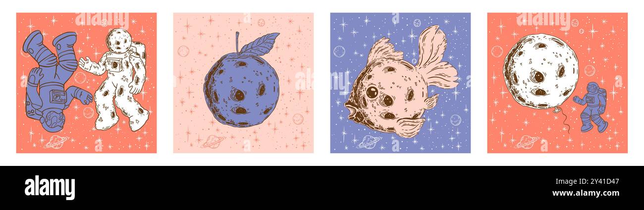 Astronauta lunare. Pianeta nello spazio galassia carte contemporanee, astronave in viaggio nell'universo. Doodle viaggio spaziale in stelle. Simpatici poster cosmo disegnati a mano. Astronomia interstellare. Set grafico vettoriale Illustrazione Vettoriale