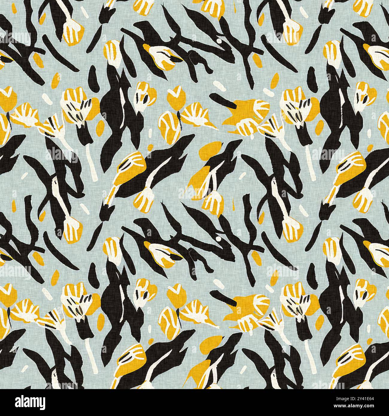 Moderno motivo blockprint in tessuto stampato con fiori selvatici e texture in lino. Motivi floreali boho scuri disegnati a mano stilizzati per elementi di design decorativi Foto Stock