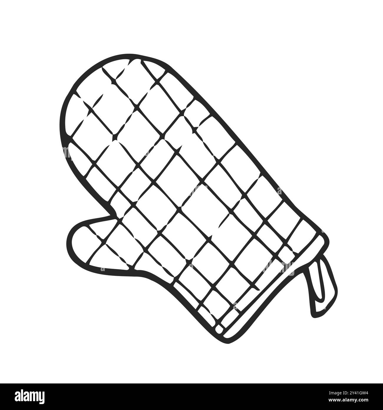 Guanto trapuntato con disegno a mano, immagine vettoriale del doodle, isolata su sfondo bianco. Cucina e guanto da forno per uso domestico Illustrazione Vettoriale
