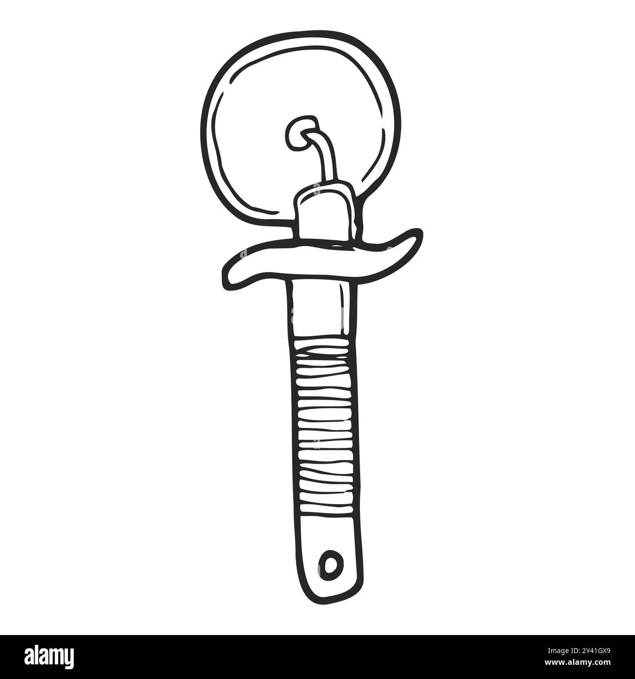 Coltello rotondo per il taglio della pizza. Apparecchio da cucina per tagliare l'impasto. Elemento decorativo per la progettazione di menu, ricette e confezionamento di alimenti. Disegnato a mano e isolato Illustrazione Vettoriale