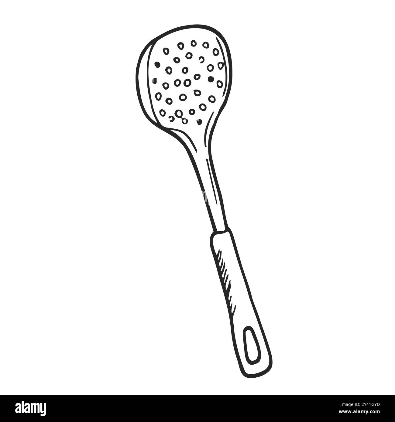 Cucchiaio a taglio Skimmer in stile doodle. Utensile da cucina. Illustrazione vettoriale disegnata a mano con inchiostro nero isolato Illustrazione Vettoriale