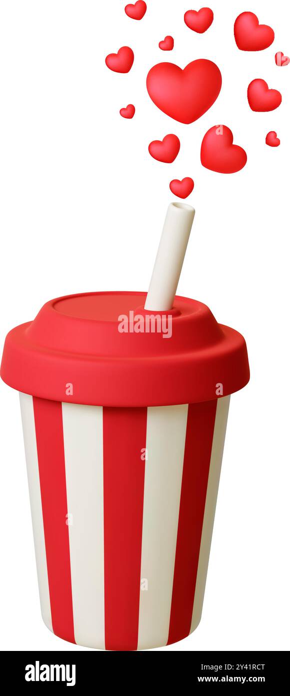 Icona 3d della tazza di carta. Tazza da ristorante fast food con cannuccia e berretto da bere. Bevande realistiche isolate con cuori volanti, come la limonata e il vettore di bibite gassate Illustrazione Vettoriale