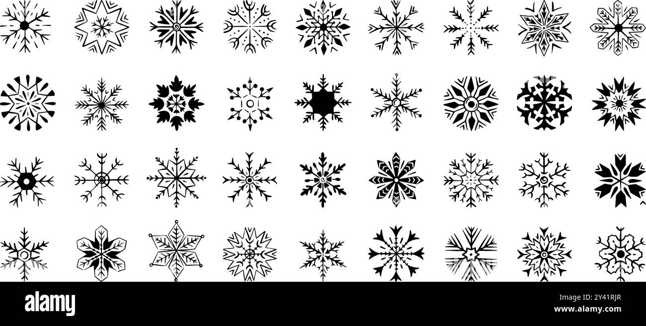 Fiocchi di neve disegnati a mano. Isolata in stile doodle con fiocco di neve, elementi meteorologici della stagione invernale di precipitazioni. Set vettoriale decorativo natalizio neoterico Illustrazione Vettoriale