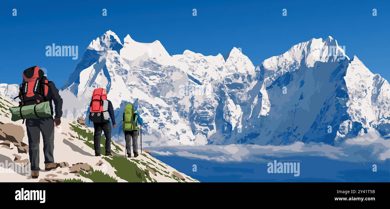 Il monte Kangtega e il picco Thamserku, visti dal picco gokyo con tre escursionisti, illustrazione vettoriale, valle Khumbu, montagne dell'Himalaya del Nepal Illustrazione Vettoriale