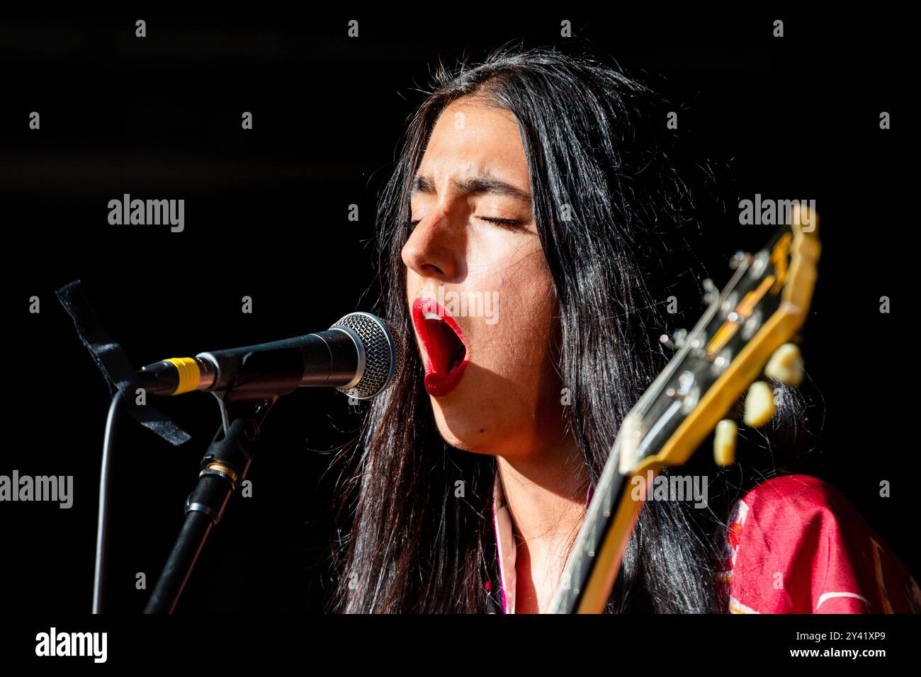 MARIAM WALLENTIN, CONCERTO, GREEN MAN FESTIVAL 2014: Attrice e artista svedese Mariam Wallentin che suona dal vivo sul Walled Garden Stage come MARIAM THE BELIEVER al Green Man Festival 2014 al Glanusk Park, Brecon, Galles, agosto 2014. Foto: Rob Watkins. INFO: Mariam Wallentin è una cantante, compositrice e musicista svedese nota per il suo approccio sperimentale alla musica. Come parte del duo Wildbirds & Peacedrums, la sua voce potente e soul si fonde con elementi d'avanguardia, spingendo i confini della musica jazz, pop e indie. Foto Stock