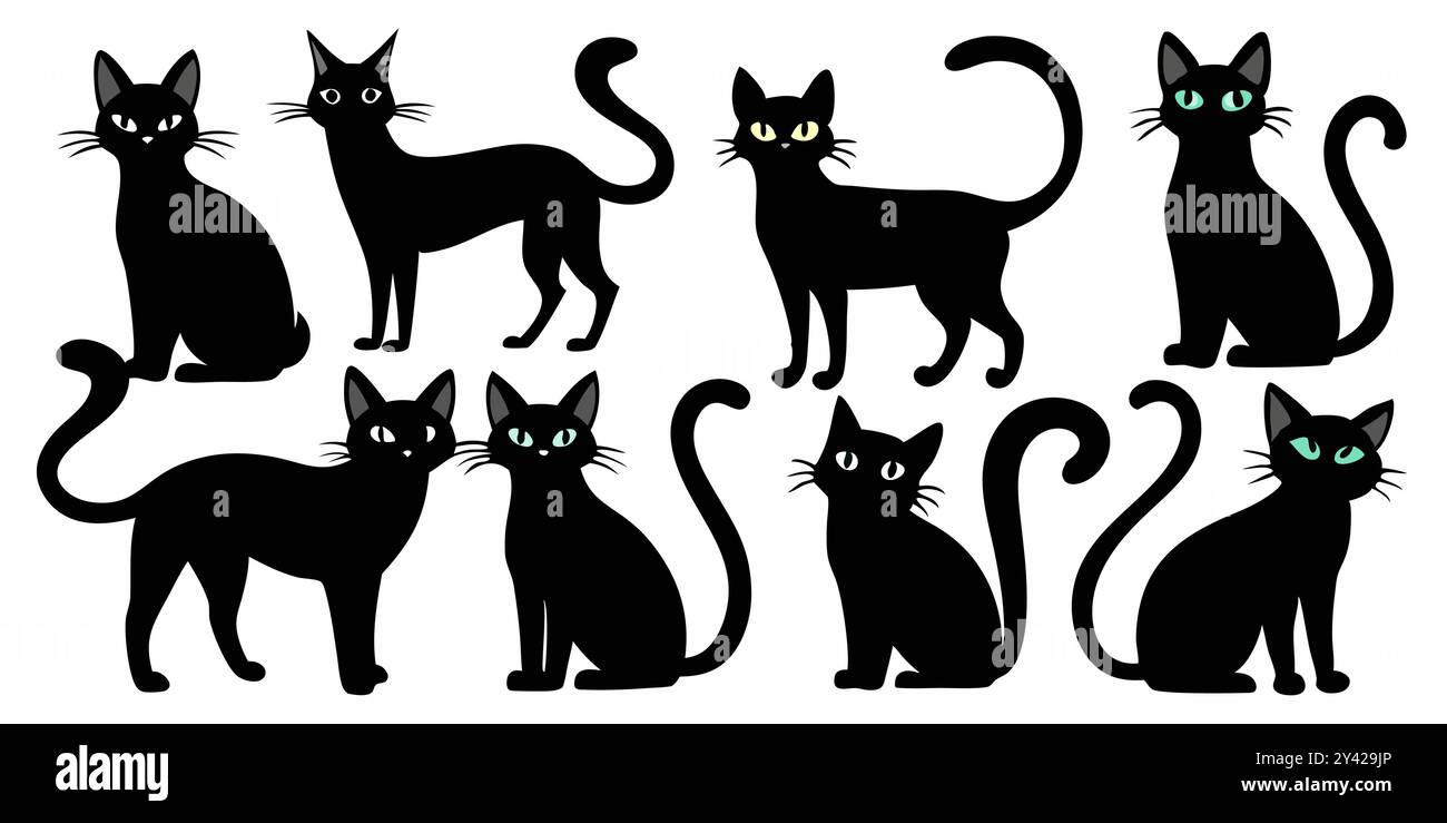 Un set di otto silhouette di gatto nere, ciascuna in una posa diversa, perfette per aggiungere un tocco di fantasia ai tuoi progetti. Illustrazione Vettoriale