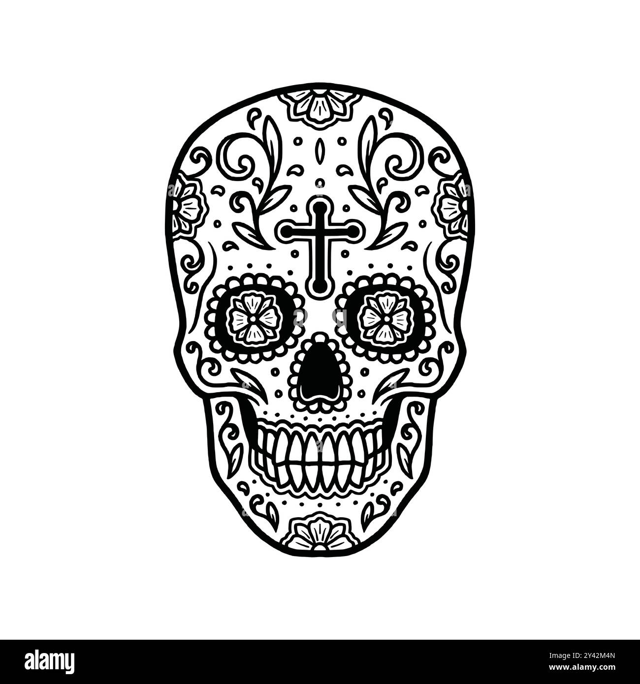 Illustrazione grafica del cranio dello zucchero. Il giorno del vettore morto. Teschio di caramelle disegnato a mano. Isolato su sfondo bianco. Illustrazione Vettoriale